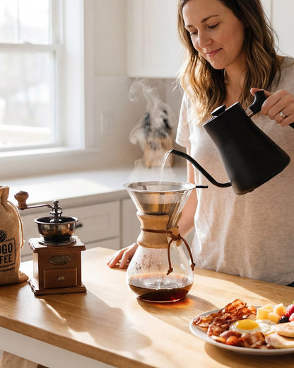 Close-up of the AGOGO zero-compromise dual-layer stainless steel coffee filter, featuring an inner 300-mesh structure and heat-resistant silicone handle.