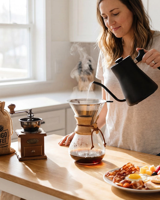 Close-up of the AGOGO zero-compromise dual-layer stainless steel coffee filter, featuring an inner 300-mesh structure and heat-resistant silicone handle.