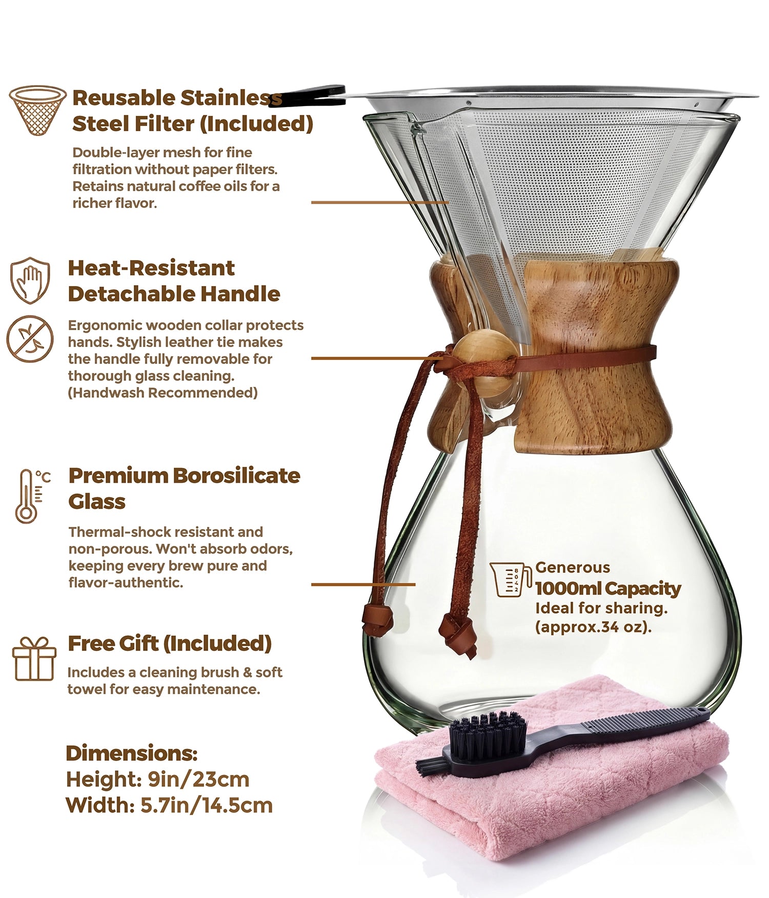 Technical specifications of the AGOGO 34oz classic pour over coffee maker, highlighting high-borosilicate glass and reusable stainless filter.