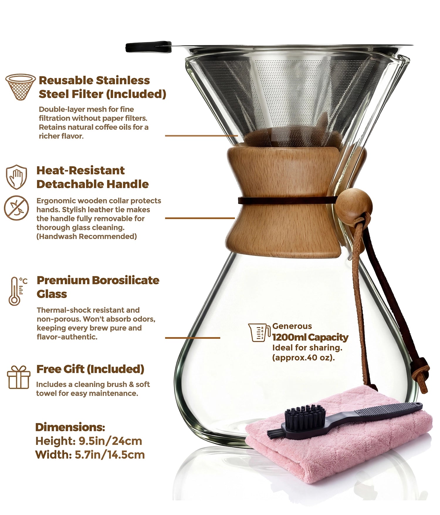 Technical specifications of the AGOGO 34oz classic pour over coffee maker, highlighting high-borosilicate glass and reusable stainless filter.