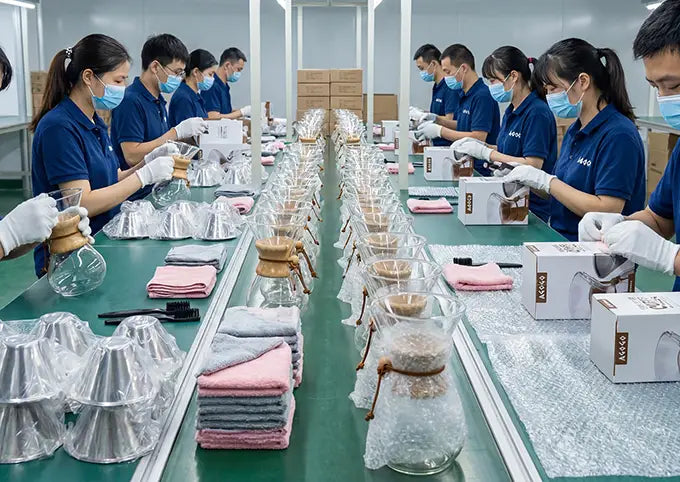 The dedicated AGOGO manufacturing facility assembly line, where skilled workers in uniform carefully inspect, assemble, and package premium glass pour-over coffee makers to ensure strict quality control.