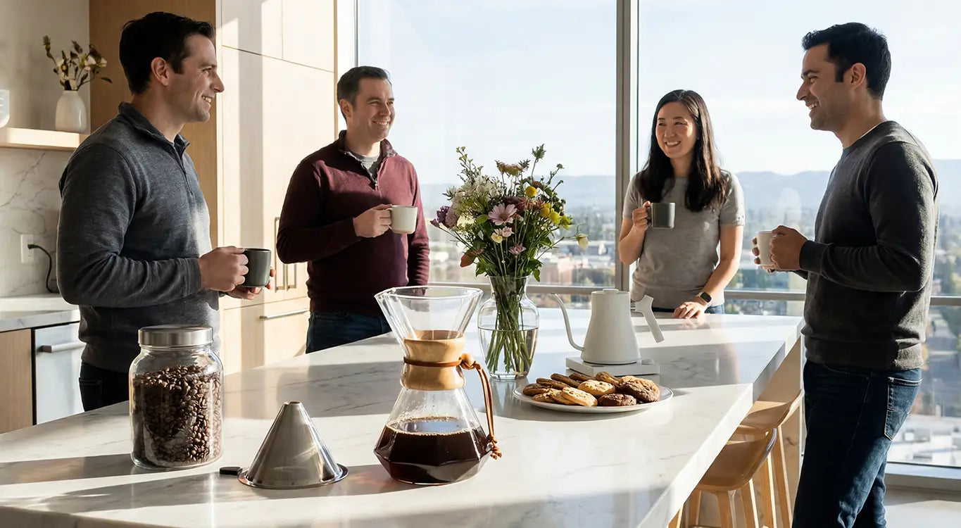 Group of friends enjoying freshly brewed coffee with the AGOGO diamond glass pour over maker around a sunlit modern kitchen island.