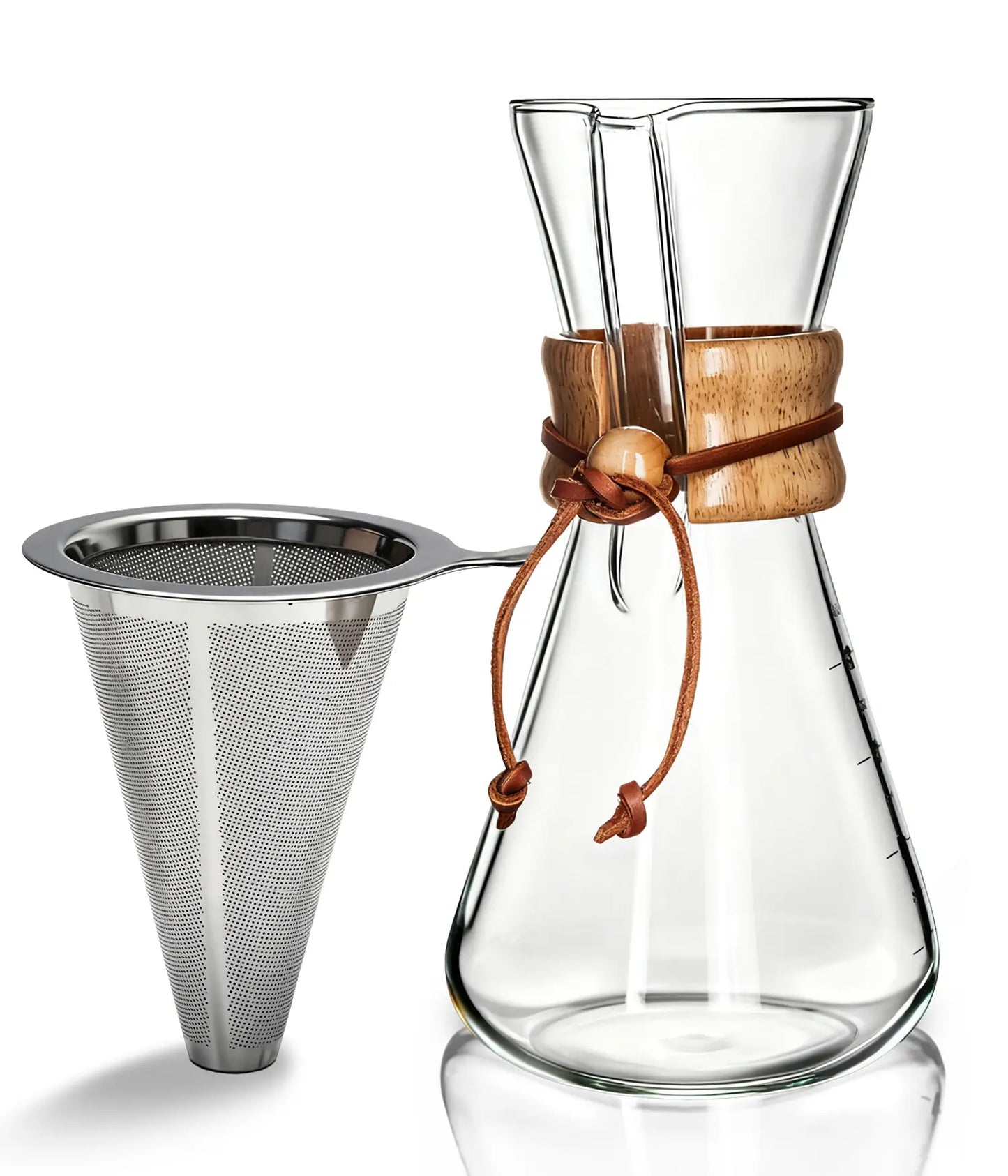 AGOGO 600ml glass pour over coffee maker set with a heat-resistant wooden collar and a reusable 2-layer stainless steel filter on a clean white background.