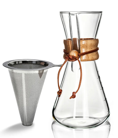 AGOGO 600ml glass pour over coffee maker set with a heat-resistant wooden collar and a reusable 2-layer stainless steel filter on a clean white background.