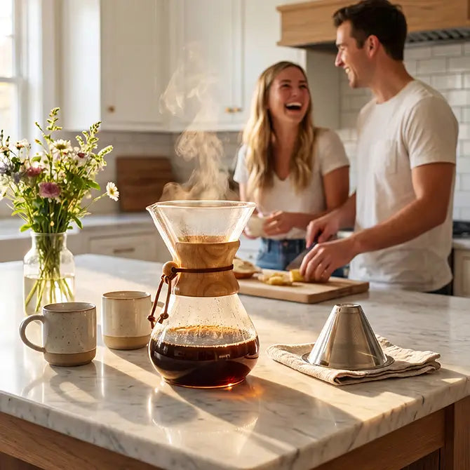 A smiling couple brewing fresh morning coffee in a bright, modern kitchen using an AGOGO premium high-borosilicate glass pour-over coffee maker.