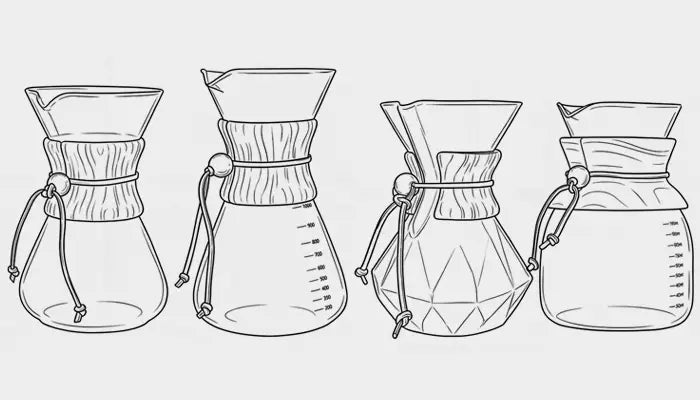 Line art illustration displaying AGOGO glass pour-over coffee makers compatible with standard 25cm half-moon circle