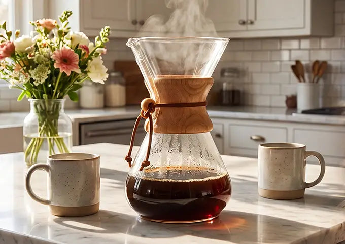 A premium AGOGO high-borosilicate glass pour-over coffee maker with a wooden collar, brewing fresh hot coffee on a bright, modern kitchen counter next to ceramic mugs.