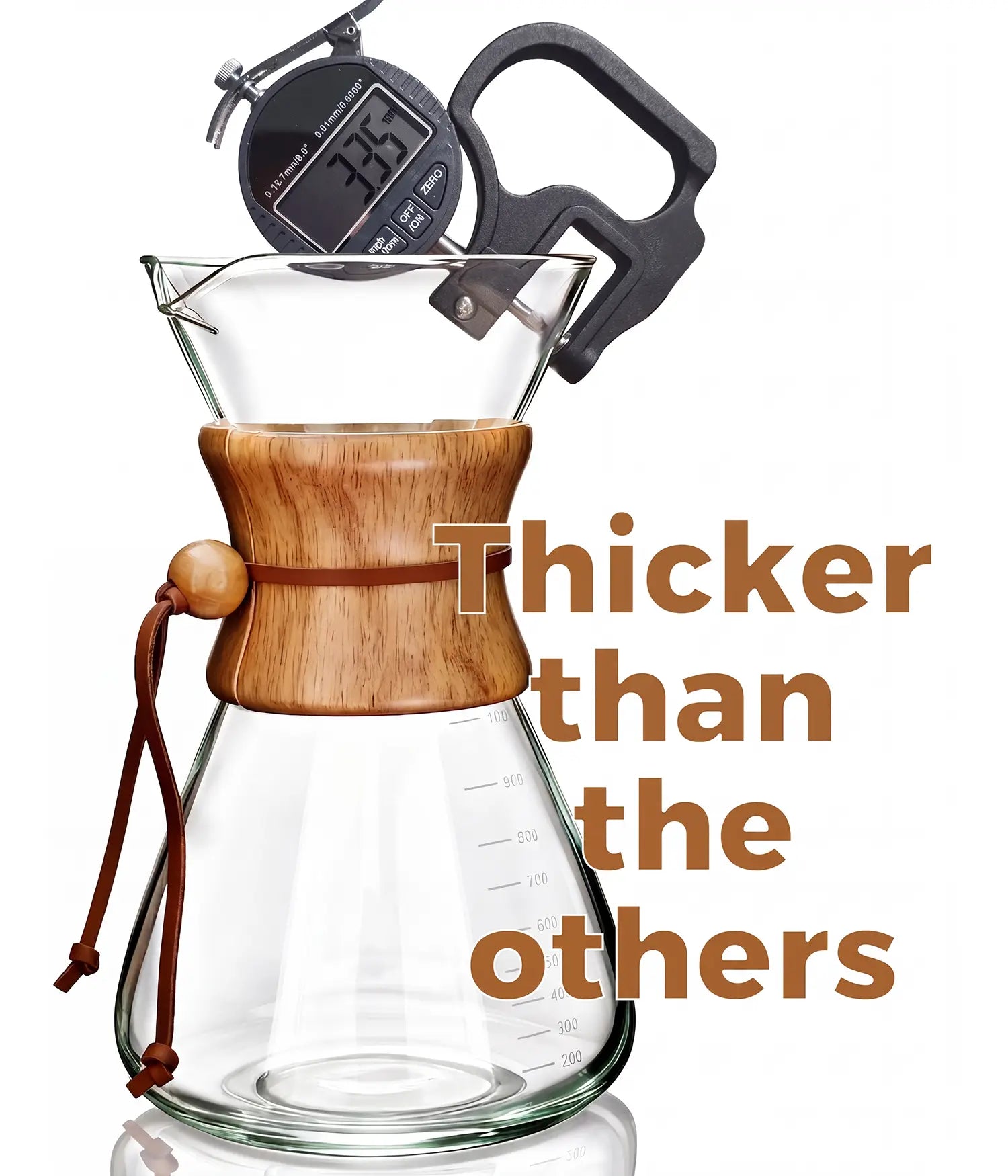 Digital caliper accurately measuring the extra-thick 3.35mm lab-grade borosilicate glass of the AGOGO 1000ml slim pour over carafe, proving its extreme durability.