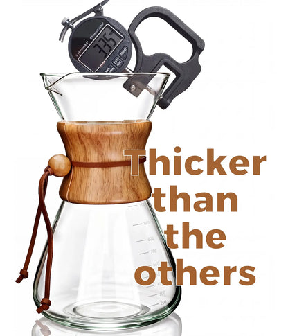 Digital caliper accurately measuring the extra-thick 3.35mm lab-grade borosilicate glass of the AGOGO 1000ml slim pour over carafe, proving its extreme durability.