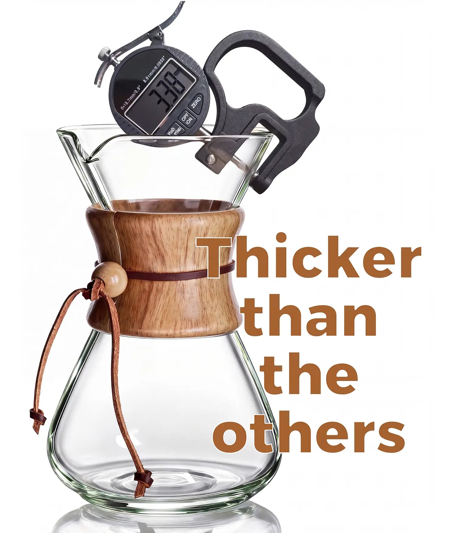 Digital caliper measuring the extra-thick 3.38mm lab-grade borosilicate glass of the AGOGO slim pour over coffee carafe, highlighting its durable and thermal-shock resistant construction.