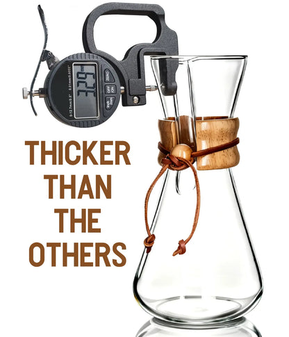 Digital caliper measuring the extra-thick 3.29mm lab-grade borosilicate glass of the AGOGO pour over coffee carafe, highlighting its durable and thermal-shock resistant construction.