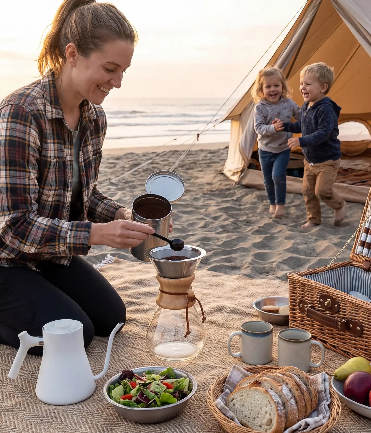 Mother preparing fresh coffee with the AGOGO 1000ml slim pour over maker during a family beach camping trip, showcasing its space-saving and portable design.