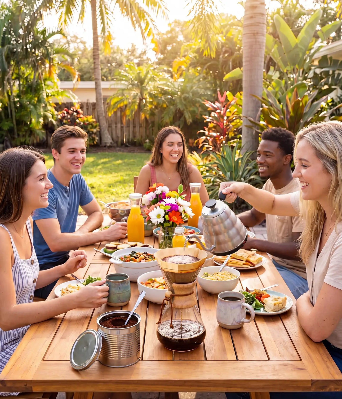 Group of friends enjoying a sunny outdoor brunch, sharing a fresh clean brew from the generous AGOGO 1000ml slim glass pour over coffee maker with natural paper filters.