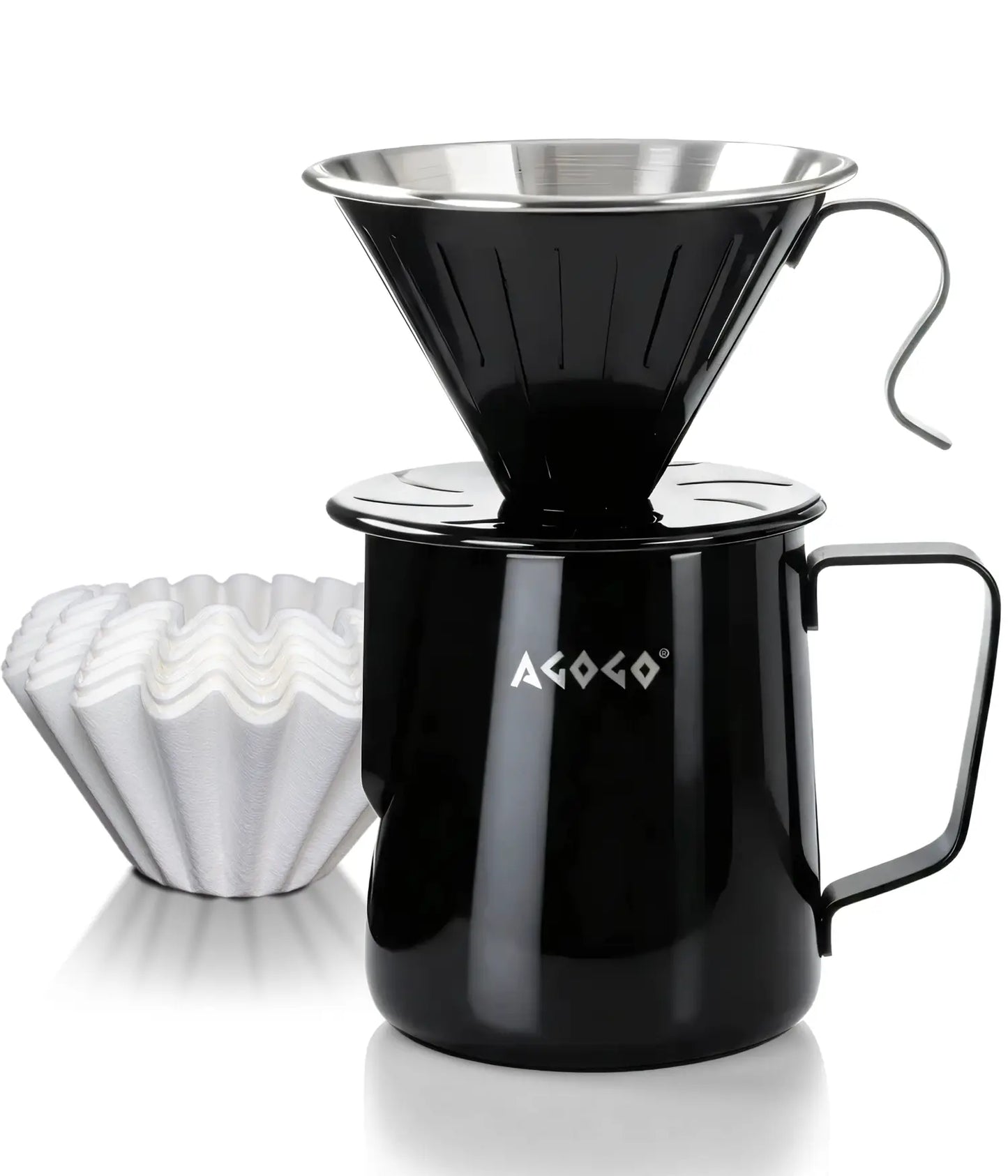AGOGO 600ml matte black stainless steel pour over coffee maker set, featuring an unbreakable camping dripper and premium paper filters on a clean white background.