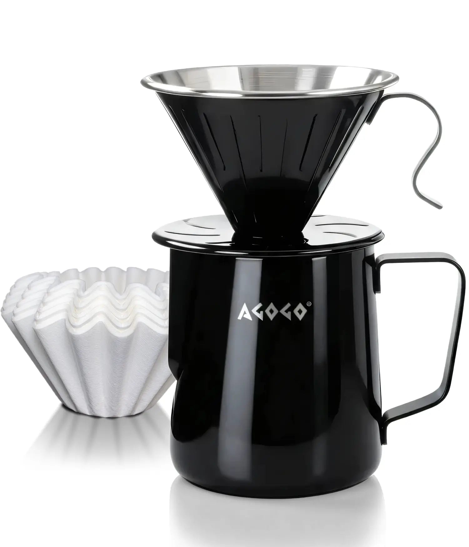 AGOGO 600ml matte black stainless steel pour over coffee maker set, featuring an unbreakable camping dripper and premium paper filters on a clean white background.
