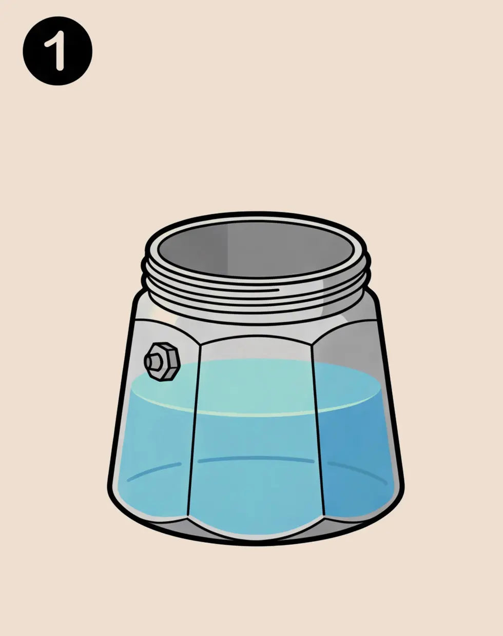 Step 1 illustration for brewing with the AGOGO Moka Pot, showing the bottom heating chamber filled with cold water just below the safety valve.