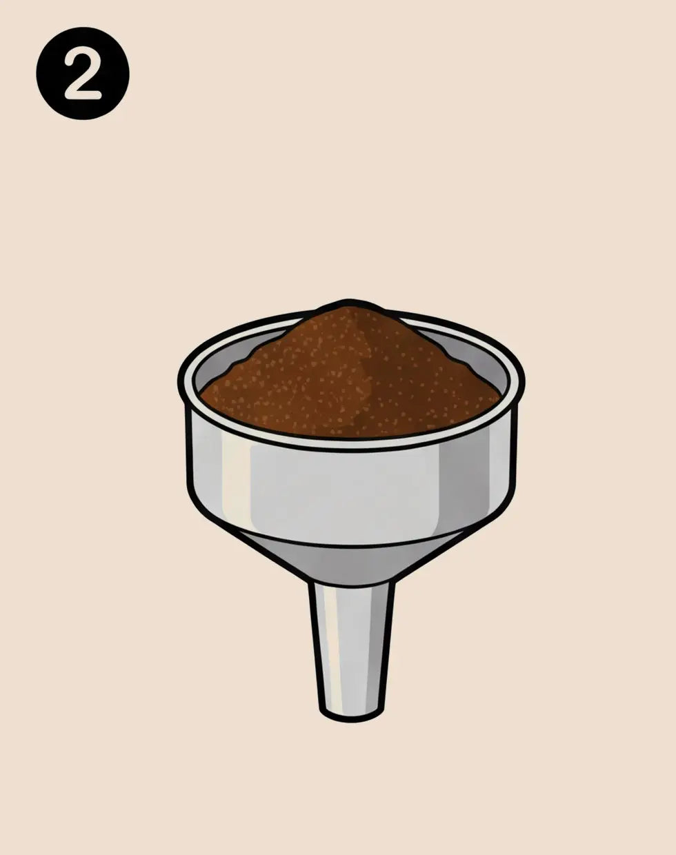 Step 2 illustration for the AGOGO Moka Pot, showing the metal funnel evenly filled with medium-fine coffee grounds without tamping.