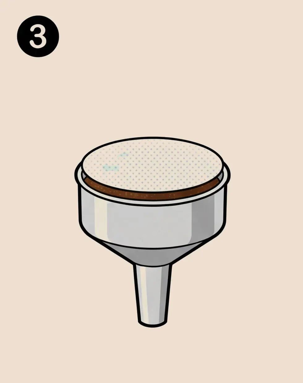 Step 2 illustration for the AGOGO Moka Pot, showing the metal funnel evenly filled with medium-fine coffee grounds without tamping.