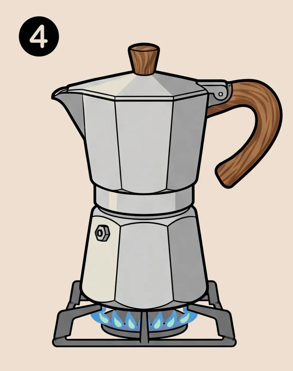 Step 2 illustration for the AGOGO Moka Pot, showing the metal funnel evenly filled with medium-fine coffee grounds without tamping.