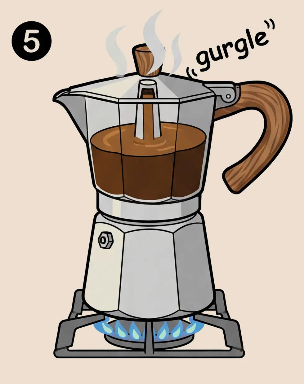 Step 2 illustration for the AGOGO Moka Pot, showing the metal funnel evenly filled with medium-fine coffee grounds without tamping.