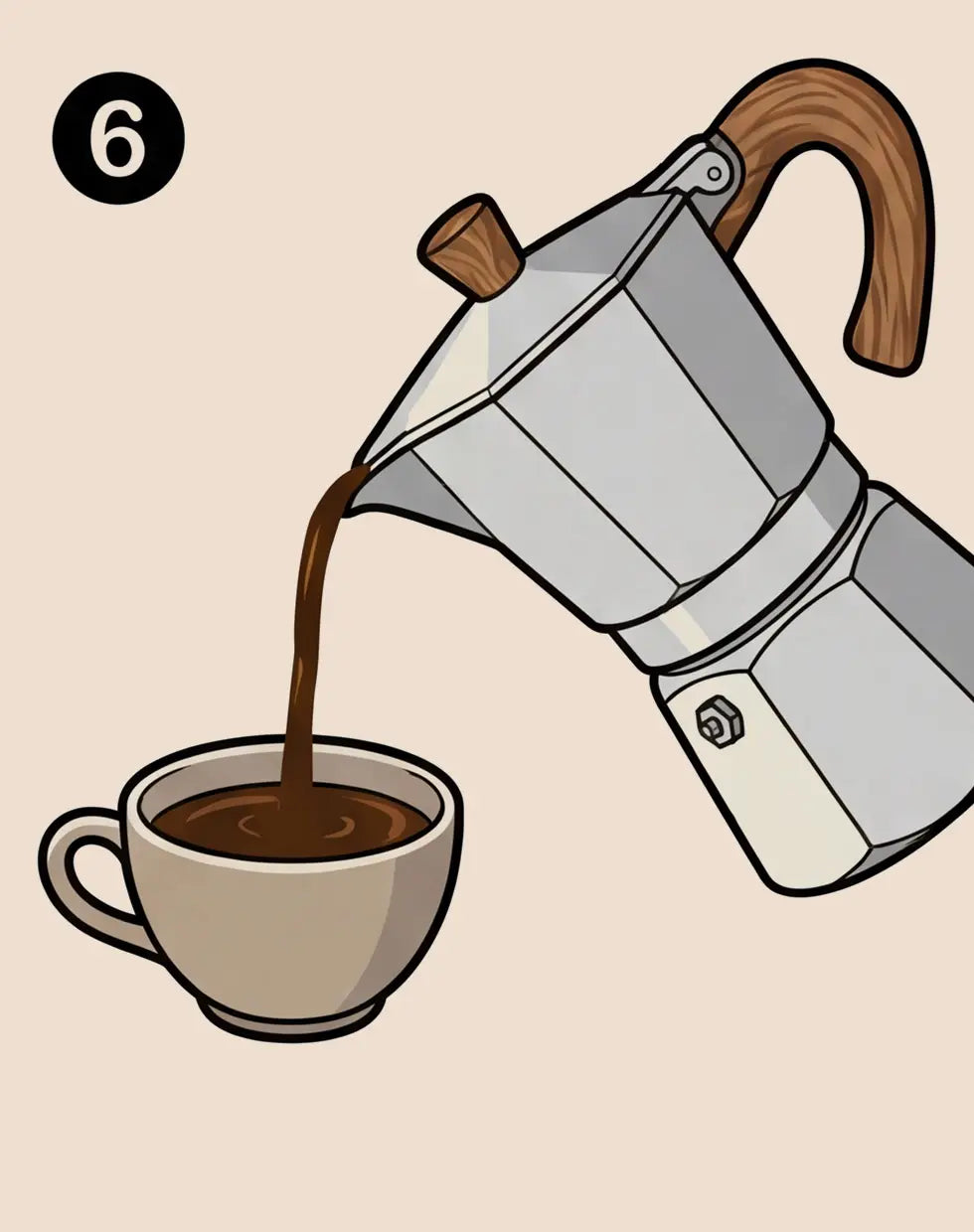 Step 6 illustration for the AGOGO Moka Pot, showing smooth, freshly brewed espresso being poured into a coffee cup ready to be enjoyed.
