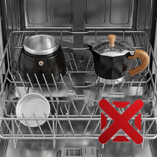 An iconographic warning showing the AGOGO Moka Pot inside a dishwasher with a red X over it, indicating it is hand wash only and not dishwasher safe.