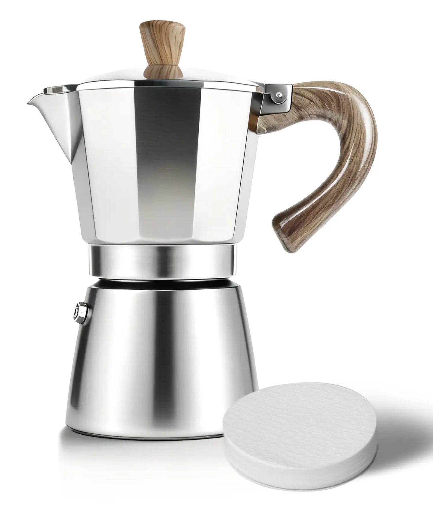 A sleek classic silver AGOGO Milano Moka Pot featuring a wood-style handle, displayed next to a precision round paper filter on a pure white background.