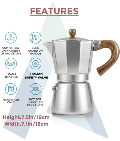 Infographic highlighting the core features of the classic silver AGOGO Milano Moka Pot, including its Italian safety valve, 300ml capacity, dimensions, and stovetop compatibility.