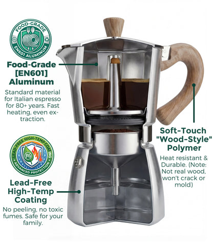 A cross-section cutaway view of the classic silver AGOGO Milano Moka Pot, showcasing its food-grade aluminum build, lead-free coating, and smooth extraction process.