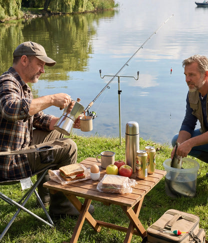 Two men enjoying a relaxing weekend fishing trip by the lake, with one pouring fresh coffee from the classic silver AGOGO Moka Pot at their outdoor table.
