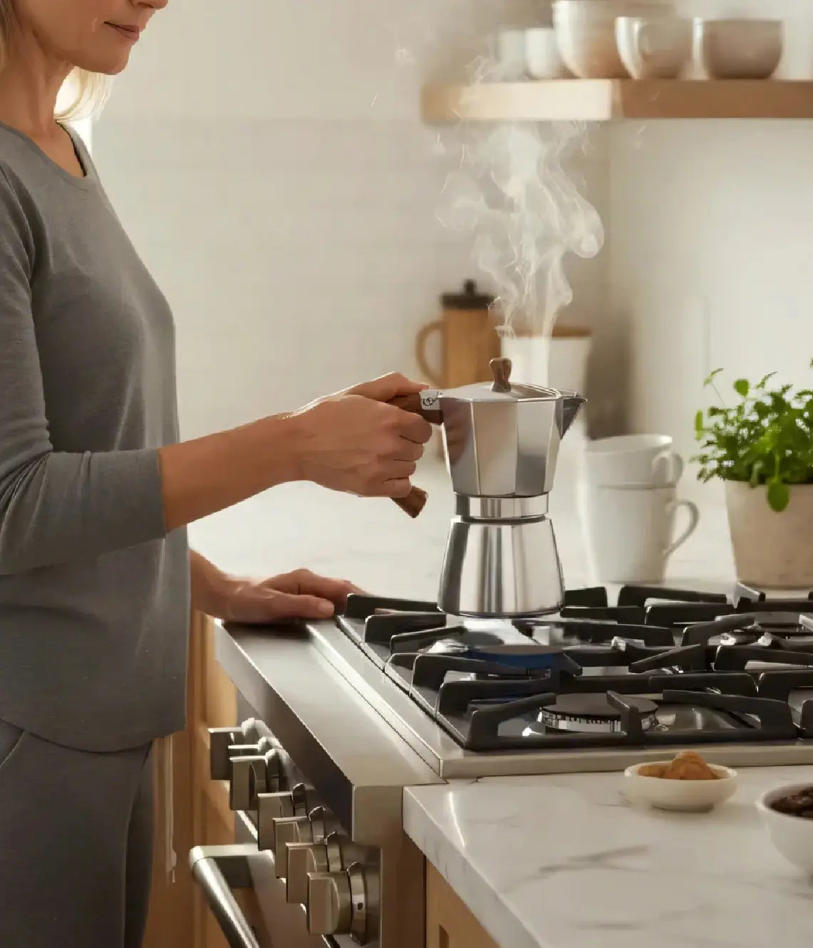 A woman in a modern kitchen brewing fresh morning espresso with the classic silver AGOGO Moka Pot on a gas stove.