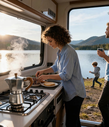 A family enjoying an RV camping trip by a peaceful lake, with a woman brewing morning coffee using the classic silver AGOGO Moka Pot on the camper stove.