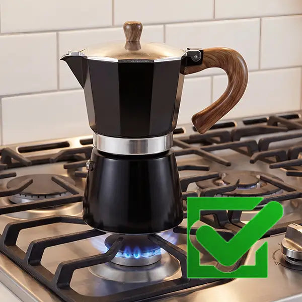 A green checkmark showing the AGOGO Moka Pot brewing safely on a gas stove flame, indicating full stovetop compatibility for gas and electric ranges.