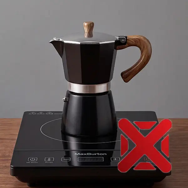 An iconographic warning showing the AGOGO Moka Pot on an induction cooktop with a red X over it, indicating it is not compatible with induction stoves.