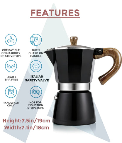 Infographic detailing the features of the AGOGO Milano Moka Pot, including its 300ml capacity, Italian safety valve, dimensions, and stovetop compatibility.