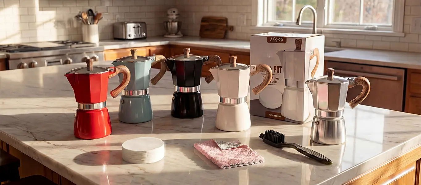 The complete AGOGO Milano Moka Pot collection in vintage red, lake blue, matte black, warm cream, and classic silver, beautifully displayed on a kitchen marble counter with the official packaging box, precision filters, and cleaning accessories.
