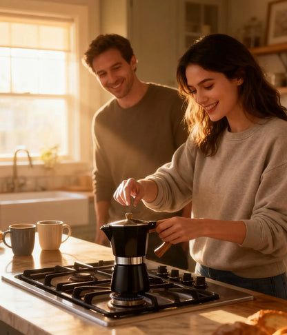 A smiling couple brewing authentic espresso with the matte black AGOGO Moka Pot on a gas stove in a warm, sunlit modern kitchen.