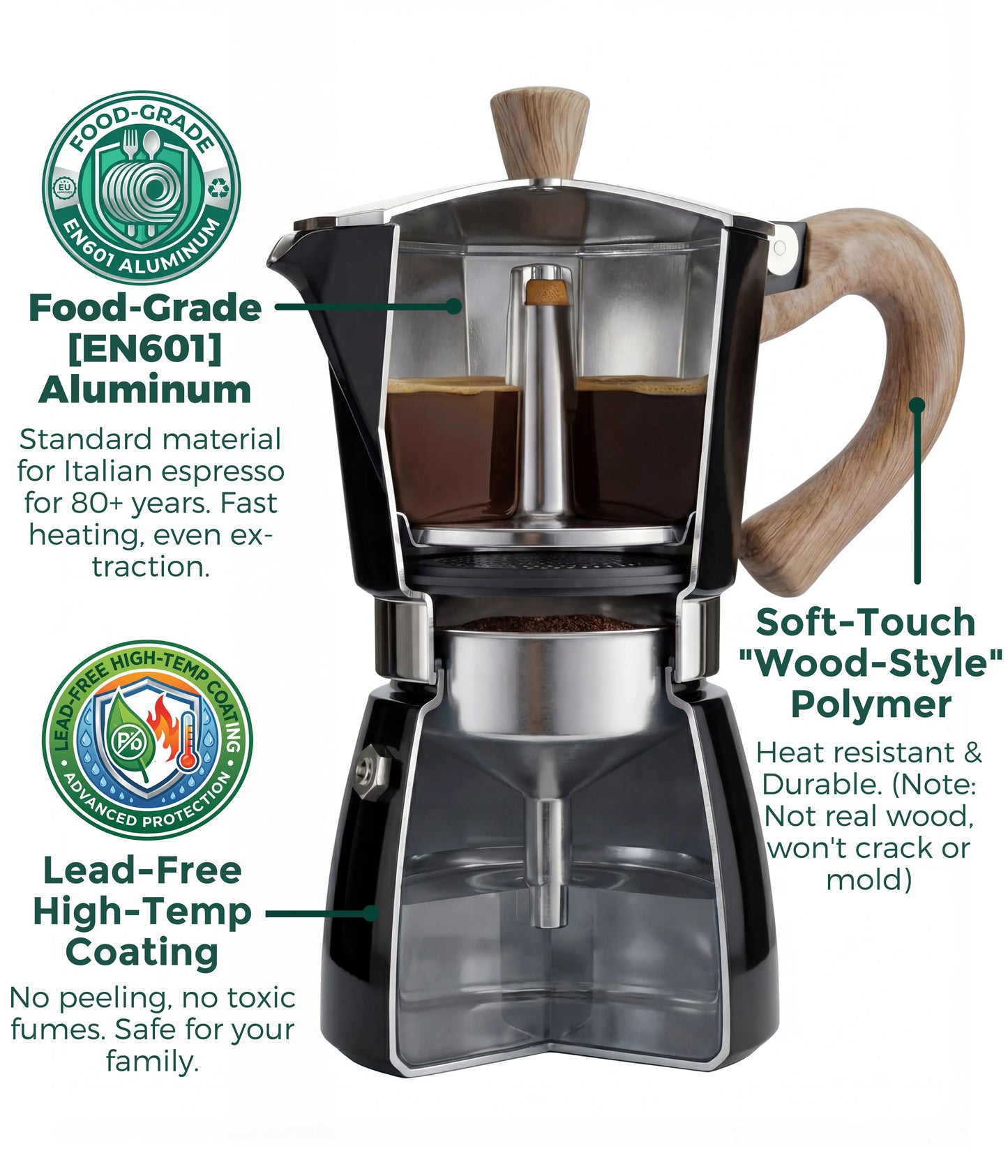 A cross-section cutaway view of the matte black AGOGO Milano Moka Pot, showcasing its food-grade aluminum build, lead-free coating, and extraction process.