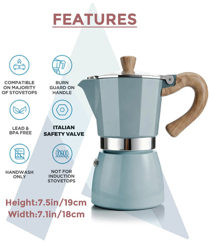 Infographic highlighting the features of the lake blue AGOGO Milano Moka Pot, including its 300ml capacity, Italian safety valve, dimensions, and stovetop compatibility.