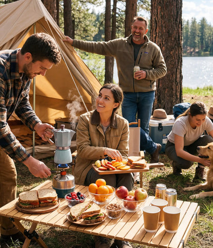 A man pouring coffee from the lake blue AGOGO Moka Pot on a portable camp stove during a joyful group camping trip in the forest with friends and a dog.