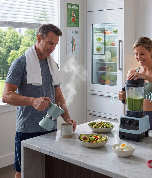 A fit couple in a modern kitchen preparing a healthy breakfast; the man pours espresso from the lake blue AGOGO Moka Pot while the woman blends a green smoothie.