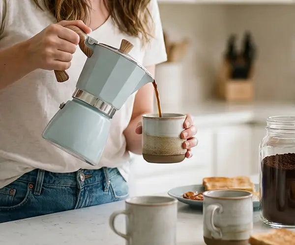 A woman pouring freshly brewed espresso from a lake blue AGOGO Milano Moka Pot into a ceramic mug in a bright, modern kitchen.