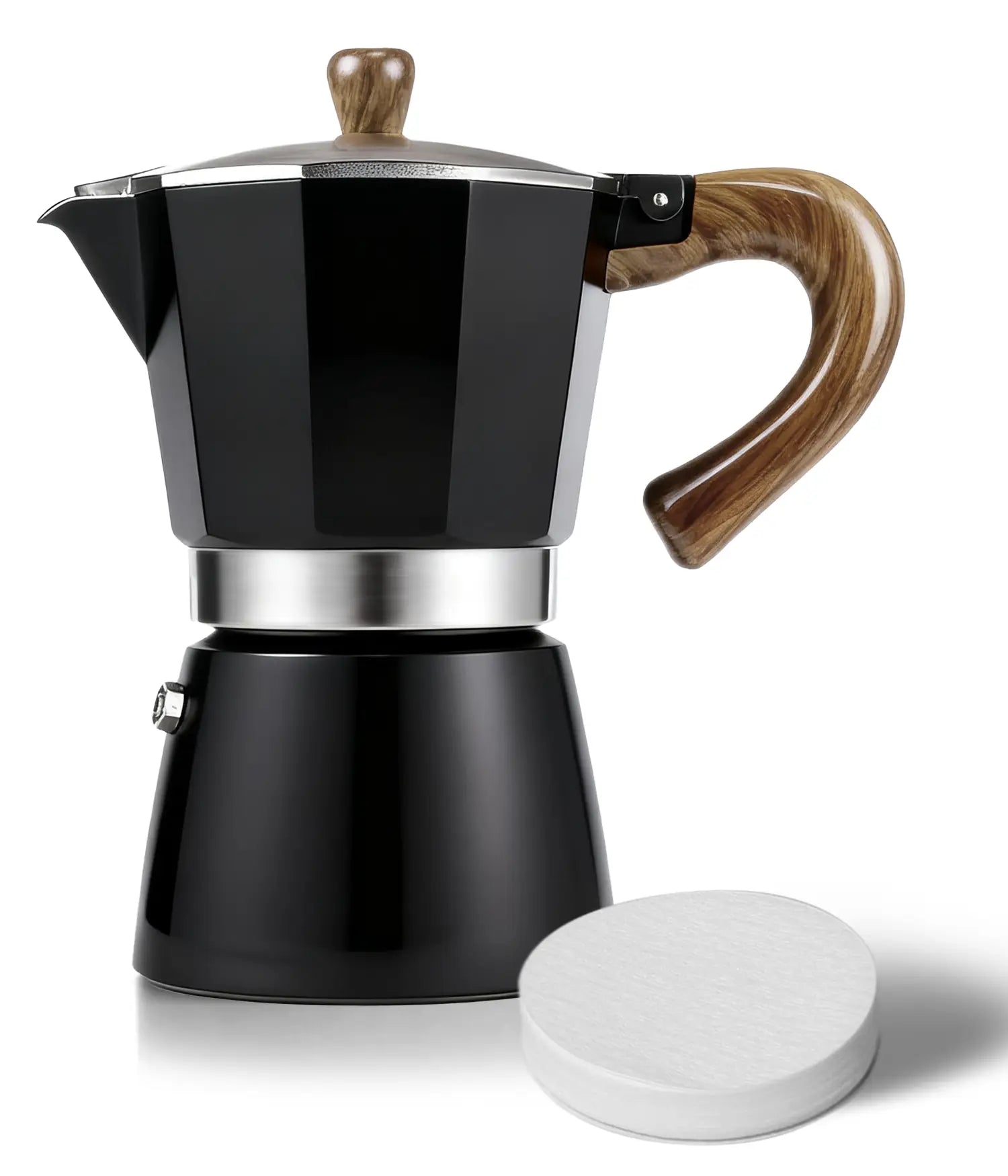A sleek matte black AGOGO Milano Moka Pot with a wood-style handle, displayed next to a precision paper filter on a pure white background.