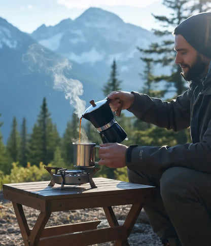 A man camping in the mountains pouring fresh espresso from the matte black AGOGO Moka Pot into a stainless steel mug on a wooden outdoor table.