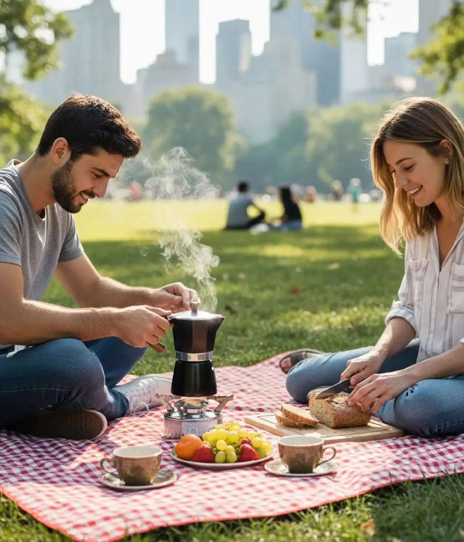 A couple enjoying a sunny park picnic, brewing coffee with the AGOGO Milano Moka Pot on a portable camping stove with a city skyline behind them.