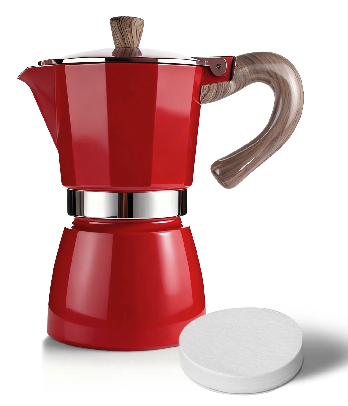 A sleek vintage red AGOGO Milano Moka Pot featuring a wood-style handle, displayed next to a precision round paper filter on a pure white background.
