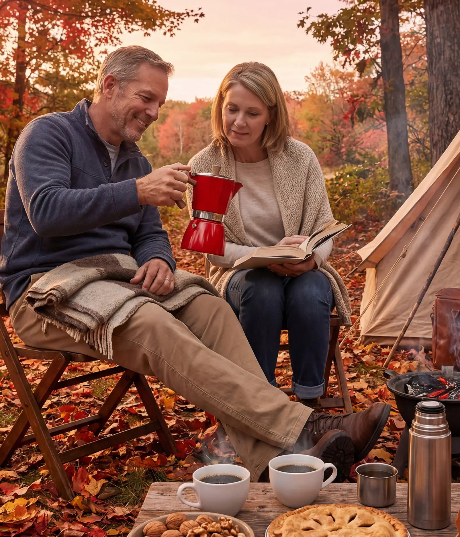 A mature couple enjoying a cozy autumn camping trip; the man holds the vintage red AGOGO Moka Pot next to a warm campfire while the woman reads a book among fallen leaves.