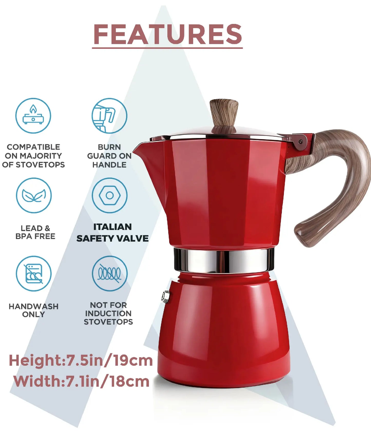 Infographic highlighting the core features of the vintage red AGOGO Milano Moka Pot, including its Italian safety valve, dimensions, and stovetop compatibility.