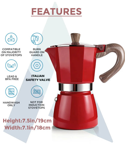 Infographic highlighting the core features of the vintage red AGOGO Milano Moka Pot, including its Italian safety valve, dimensions, and stovetop compatibility.