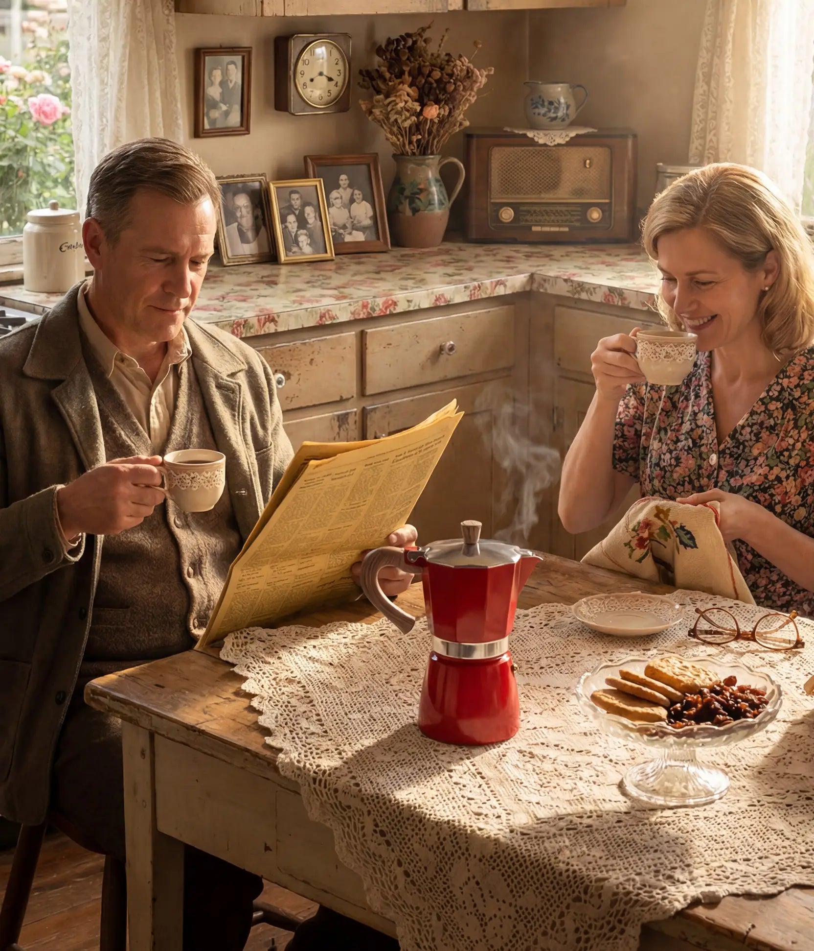 A mature couple enjoying a slow morning in a beautiful rustic kitchen; the man reads a newspaper while the vintage red AGOGO Moka Pot sits on a lace tablecloth next to coffee and cookies.